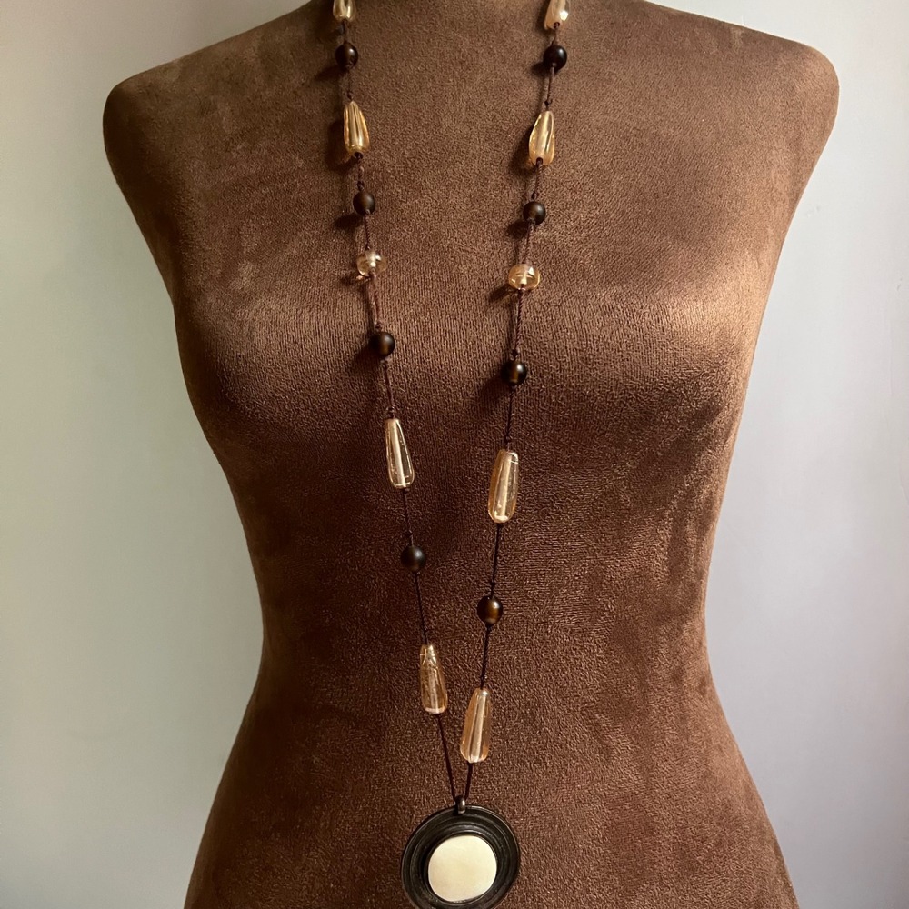 Express Beaded Long Pendant Necklace Brown Amber Tone 36 Inch Size Large